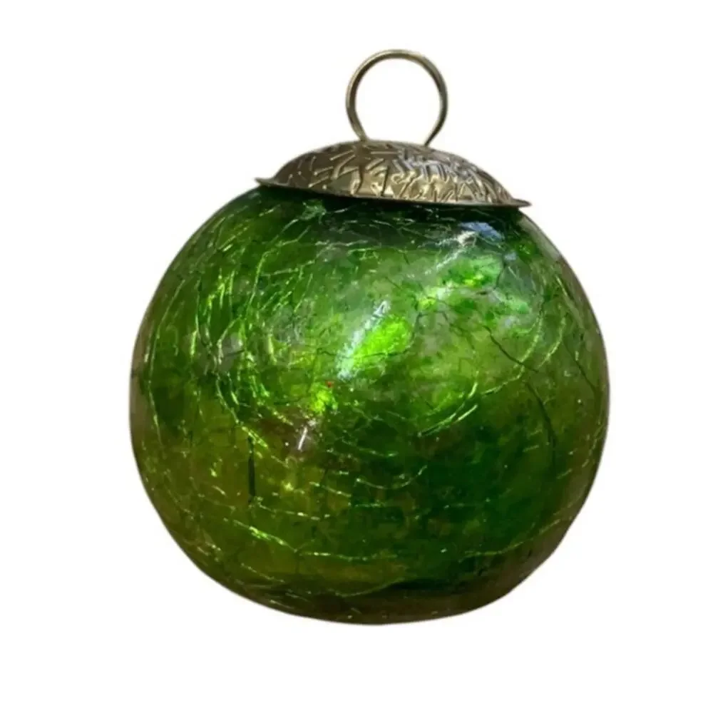 Set of 8‎ Green Crackle Glass Christmas Ornaments Vintage Style Round Holiday